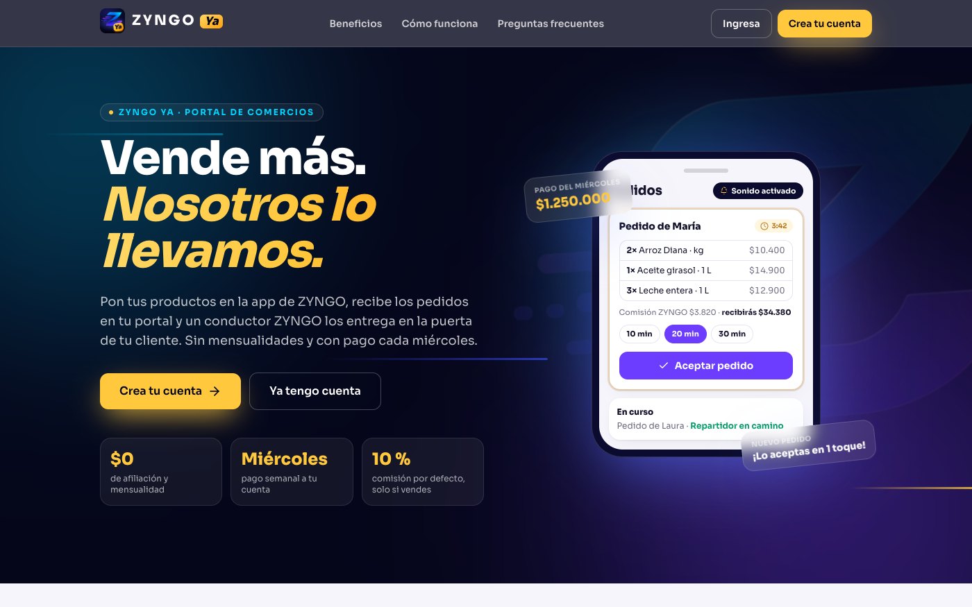 Portal de comercios ZYNGO Ya en computador